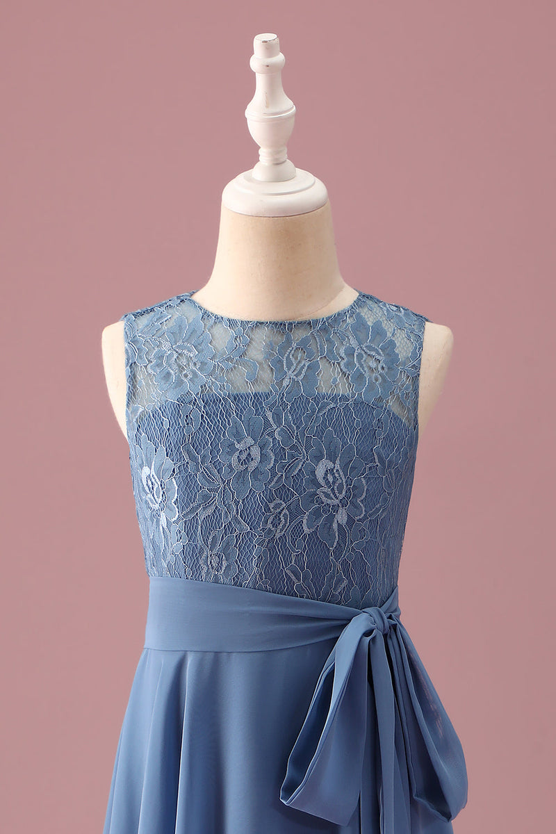 Load image into Gallery viewer, Dusty Blue A Line Lace Chiffon Ruffles Junior Bridesmaid Dress With Belt