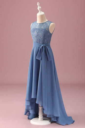 Dusty Blue A Line Lace Chiffon Ruffles Junior Bridesmaid Dress With Belt