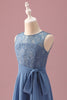 Load image into Gallery viewer, Dusty Blue A Line Lace Chiffon Ruffles Junior Bridesmaid Dress With Belt