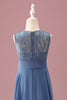 Load image into Gallery viewer, Dusty Blue A Line Lace Chiffon Ruffles Junior Bridesmaid Dress With Belt