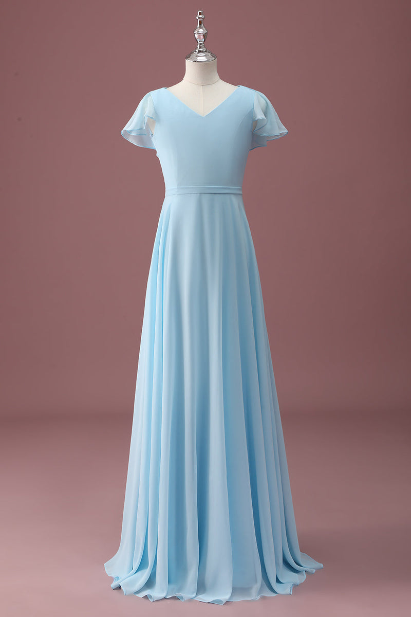 Load image into Gallery viewer, Sky Blue A Line V-Neck Ruched Chiffon Junior Bridesmaid Dress