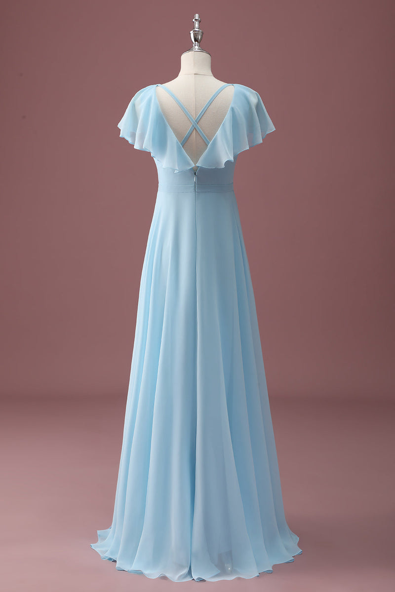 Load image into Gallery viewer, Sky Blue A Line V-Neck Ruched Chiffon Junior Bridesmaid Dress