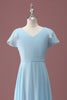 Load image into Gallery viewer, Sky Blue A Line V-Neck Ruched Chiffon Junior Bridesmaid Dress