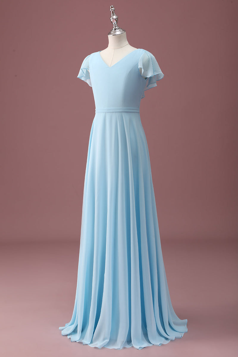 Load image into Gallery viewer, Sky Blue A Line V-Neck Ruched Chiffon Junior Bridesmaid Dress