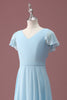 Load image into Gallery viewer, Sky Blue A Line V-Neck Ruched Chiffon Junior Bridesmaid Dress