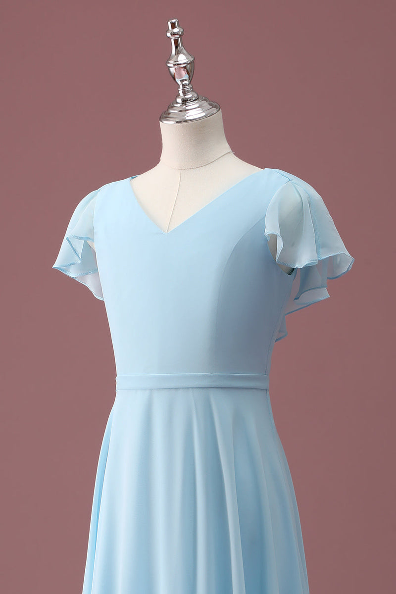 Load image into Gallery viewer, Sky Blue A Line V-Neck Ruched Chiffon Junior Bridesmaid Dress