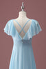 Load image into Gallery viewer, Sky Blue A Line V-Neck Ruched Chiffon Junior Bridesmaid Dress