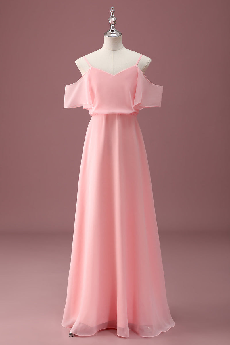 Load image into Gallery viewer, Pink Cold Shoulder A Line Junior Bridesmaid Dress