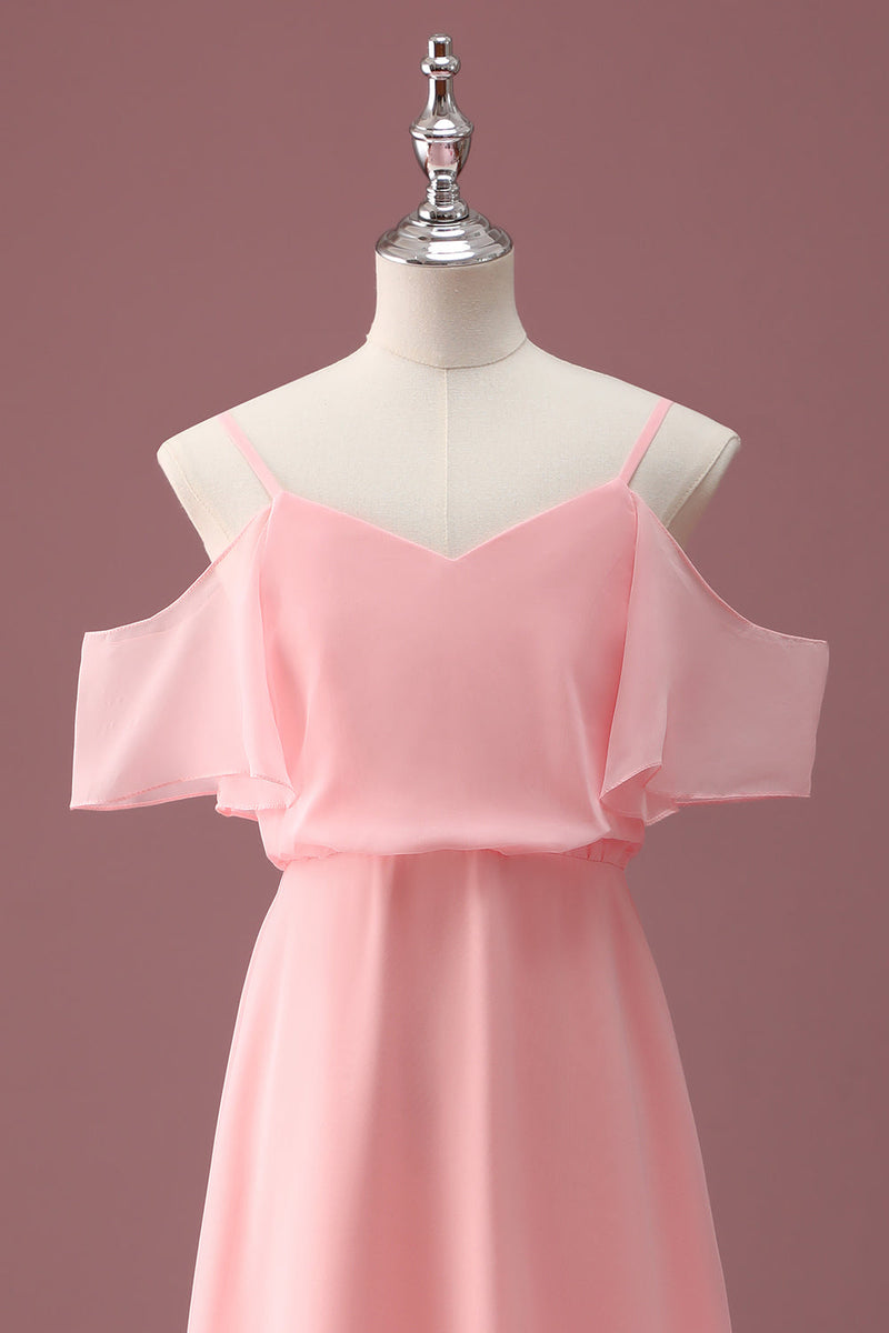 Load image into Gallery viewer, Pink Cold Shoulder A Line Junior Bridesmaid Dress