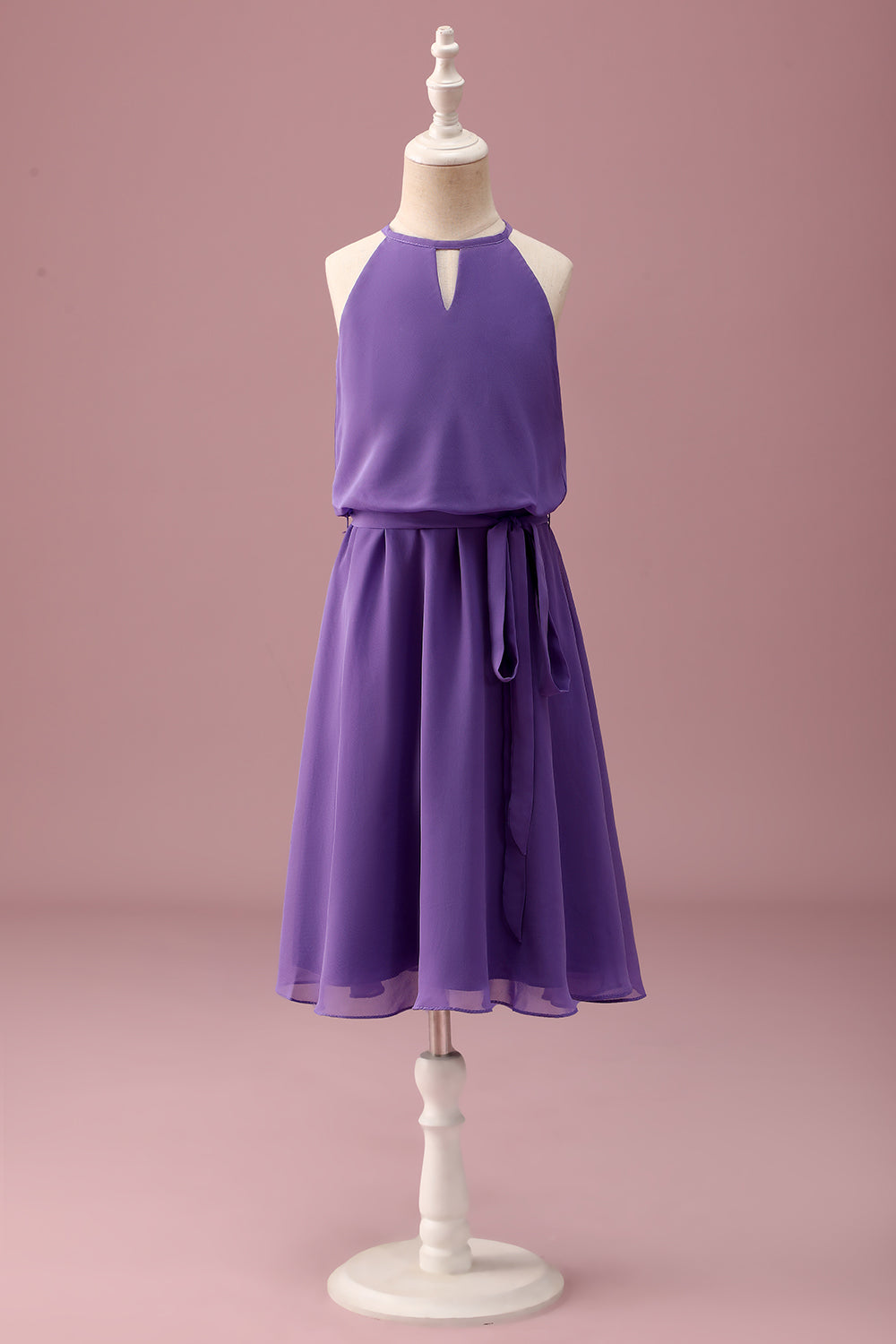 Purple Halter Keyhole A Line Short Junior Bridesmaid Dress with Belt