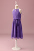 Load image into Gallery viewer, Purple Halter Keyhole A Line Short Junior Bridesmaid Dress with Belt