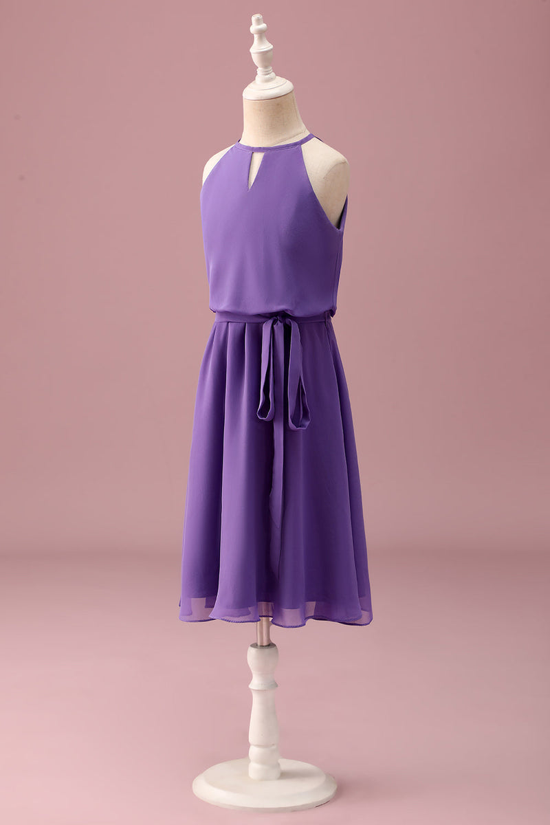 Load image into Gallery viewer, Purple Halter Keyhole A Line Short Junior Bridesmaid Dress with Belt