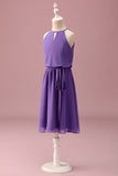 Purple Halter Keyhole A Line Short Junior Bridesmaid Dress with Belt