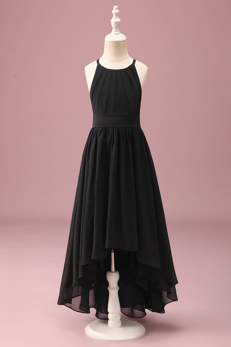 Load image into Gallery viewer, Black Round Neck A Line High Low Junior Bridesmaid Dress with Belt