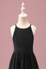 Load image into Gallery viewer, Black Round Neck A Line High Low Junior Bridesmaid Dress with Belt