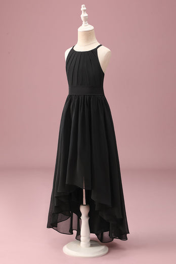 Black Round Neck A Line High Low Junior Bridesmaid Dress with Belt