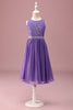 Load image into Gallery viewer, Purple Lace A Line Round Neck Short Junior Bridesmaid Dress with Rhinestone Belt