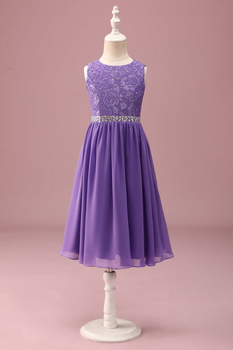 Purple Lace A Line Round Neck Short Junior Bridesmaid Dress with Rhinestone Belt