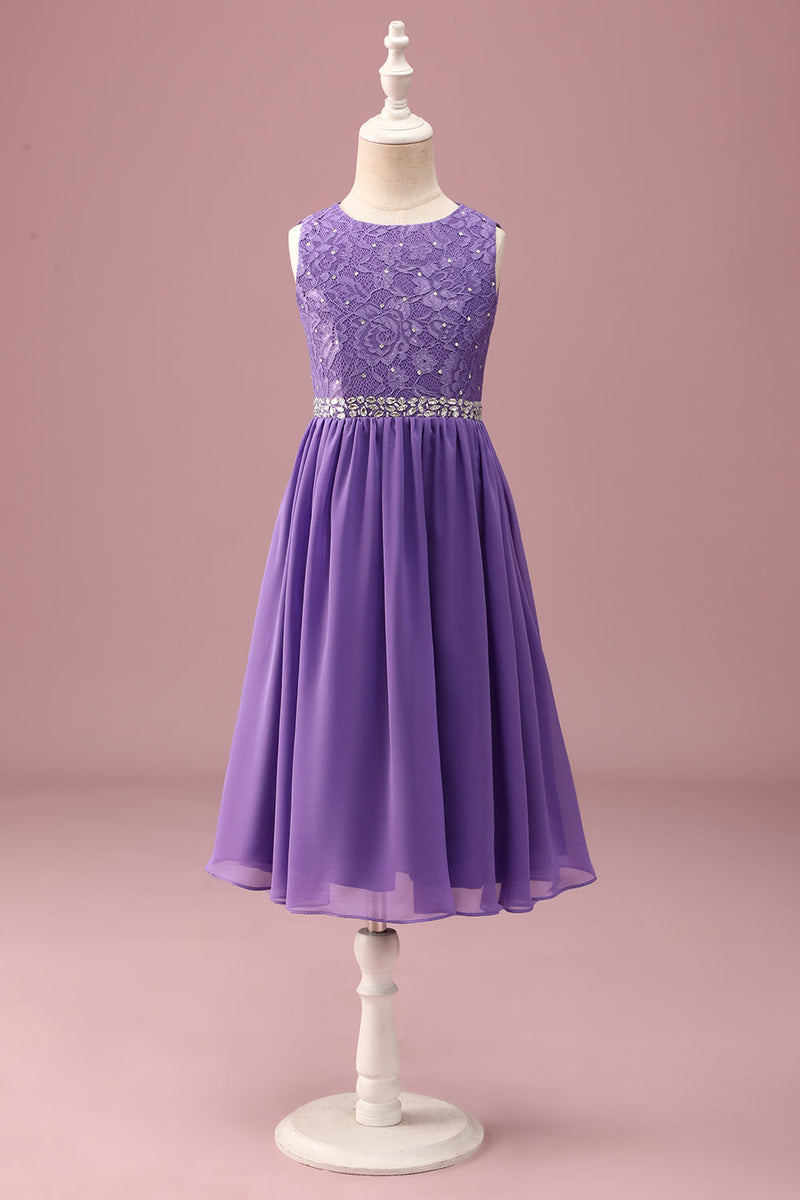 Load image into Gallery viewer, Purple Lace A Line Round Neck Short Junior Bridesmaid Dress with Rhinestone Belt