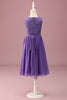 Load image into Gallery viewer, Purple Lace A Line Round Neck Short Junior Bridesmaid Dress with Rhinestone Belt