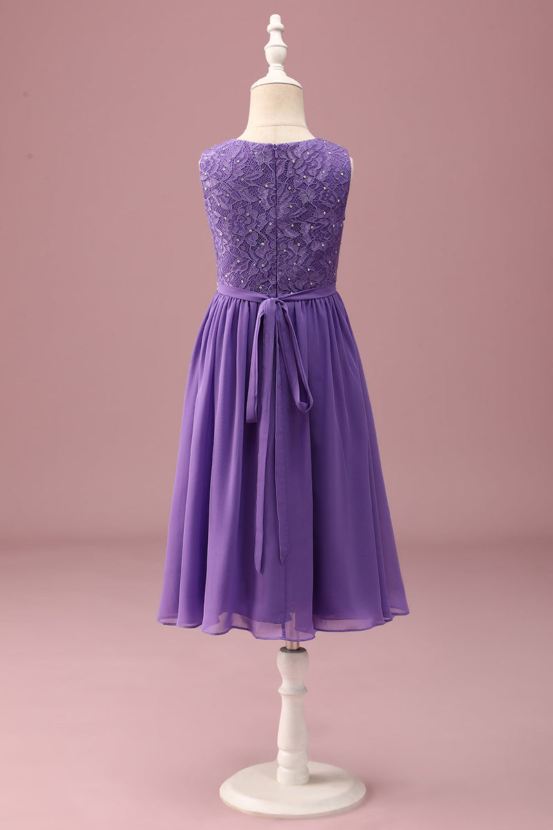 Load image into Gallery viewer, Purple Lace A Line Round Neck Short Junior Bridesmaid Dress with Rhinestone Belt