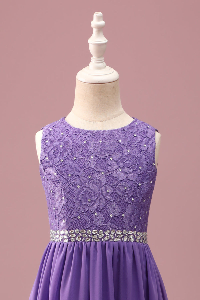 Load image into Gallery viewer, Purple Lace A Line Round Neck Short Junior Bridesmaid Dress with Rhinestone Belt