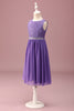 Load image into Gallery viewer, Purple Lace A Line Round Neck Short Junior Bridesmaid Dress with Rhinestone Belt