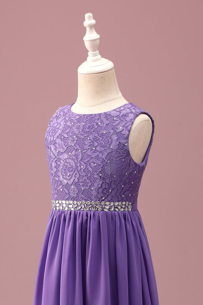 Load image into Gallery viewer, Purple Lace A Line Round Neck Short Junior Bridesmaid Dress with Rhinestone Belt