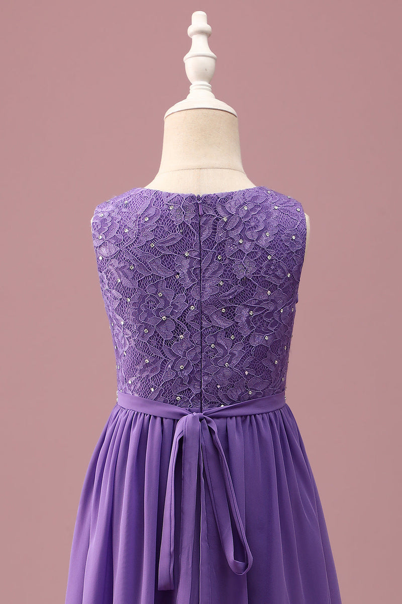 Load image into Gallery viewer, Purple Lace A Line Round Neck Short Junior Bridesmaid Dress with Rhinestone Belt