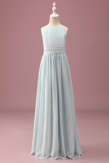 Mint Halter A-Line Pleated Long Junior Bridesmaid Dress