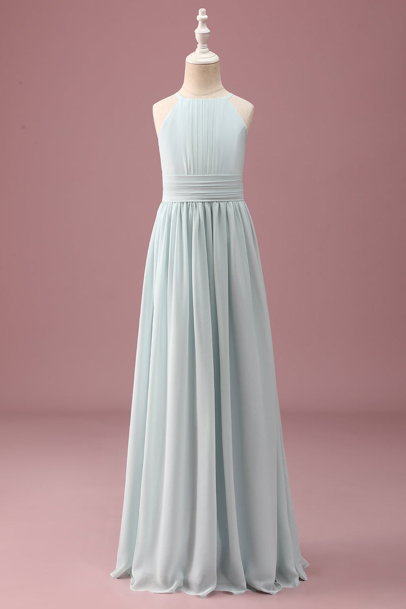 Load image into Gallery viewer, Mint Halter A-Line Pleated Long Junior Bridesmaid Dress