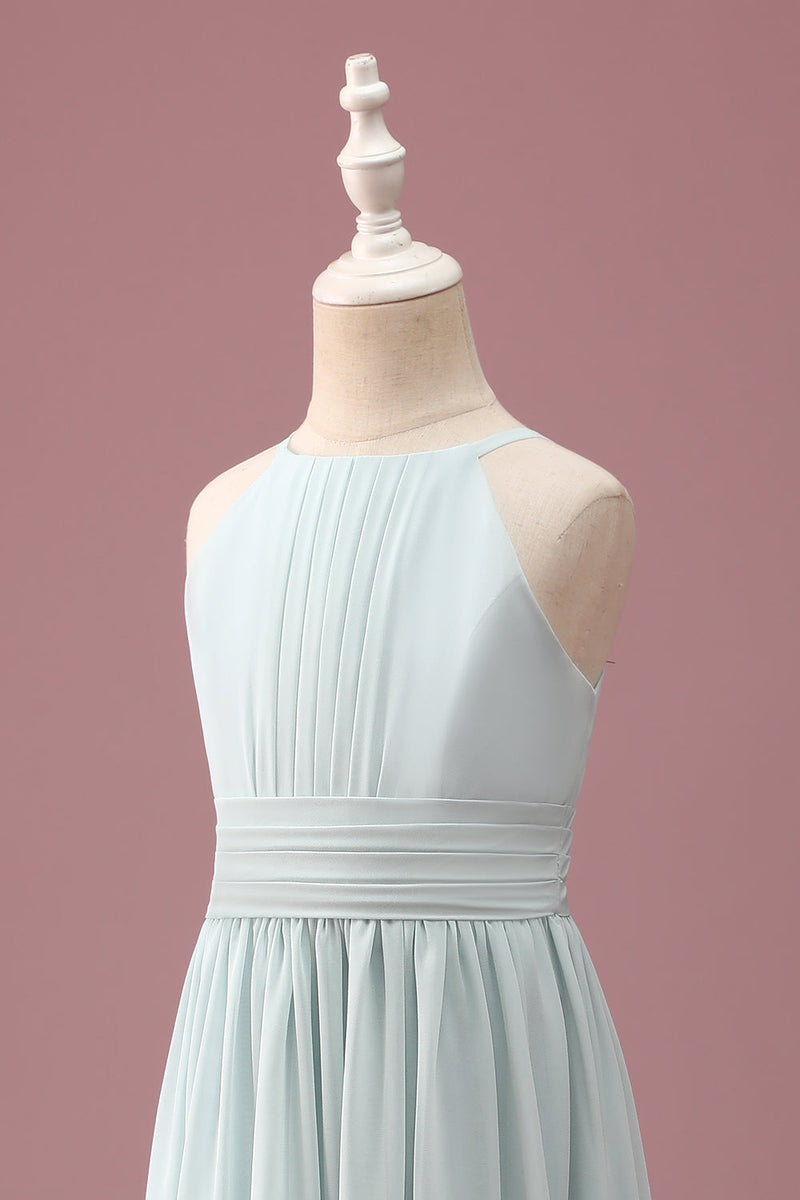 Load image into Gallery viewer, Mint Halter A-Line Pleated Long Junior Bridesmaid Dress