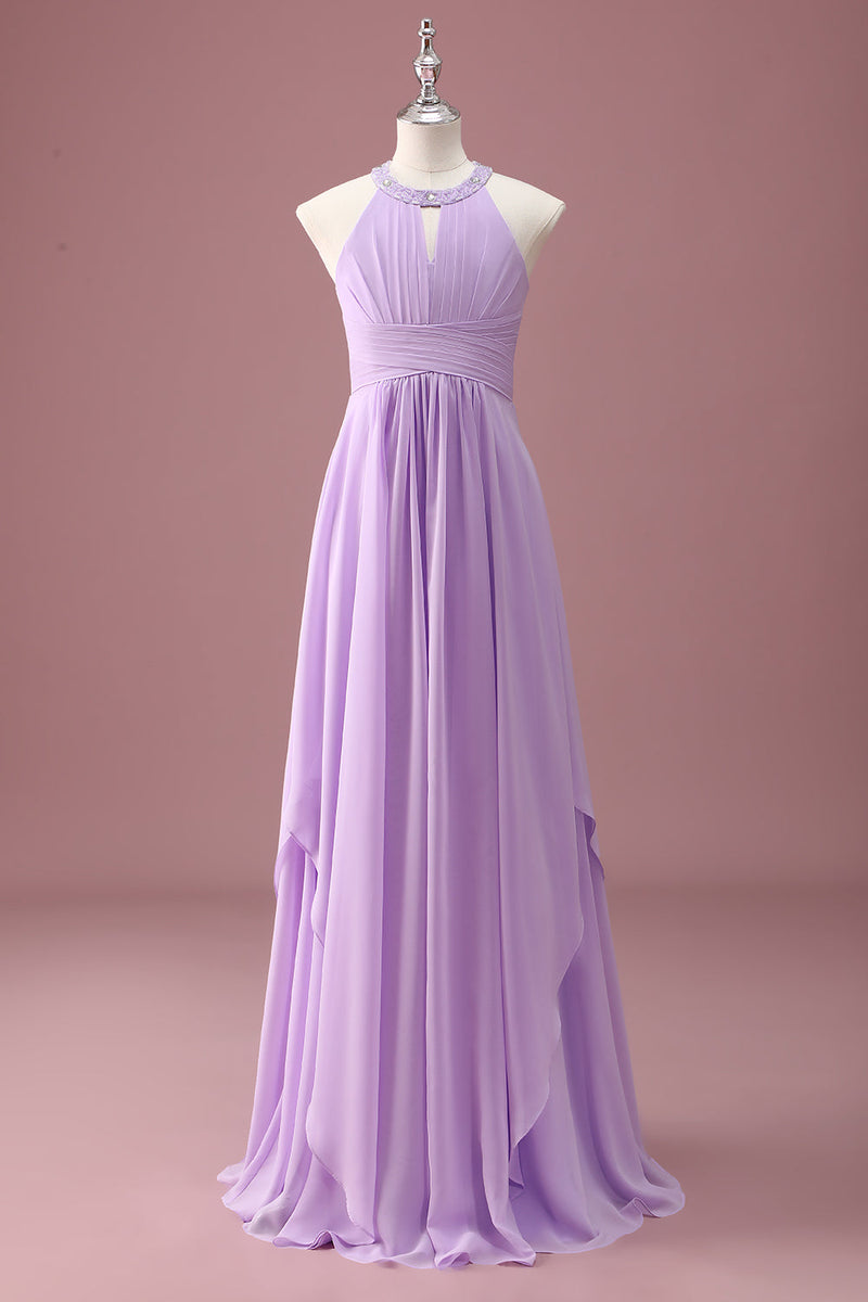 Load image into Gallery viewer, Lilac Beaded Keyhole Halter A Line Long Pleated Junior Bridesmaid Dress