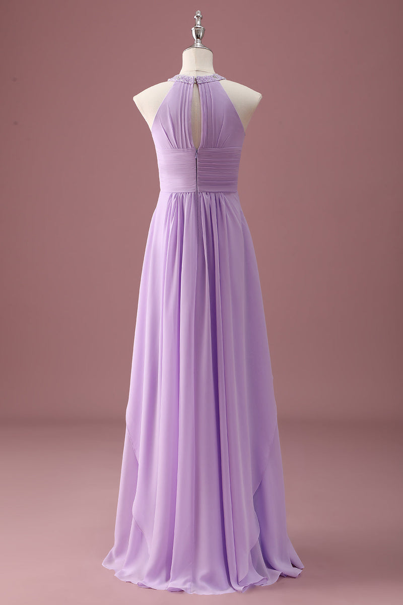 Load image into Gallery viewer, Lilac Beaded Keyhole Halter A Line Long Pleated Junior Bridesmaid Dress