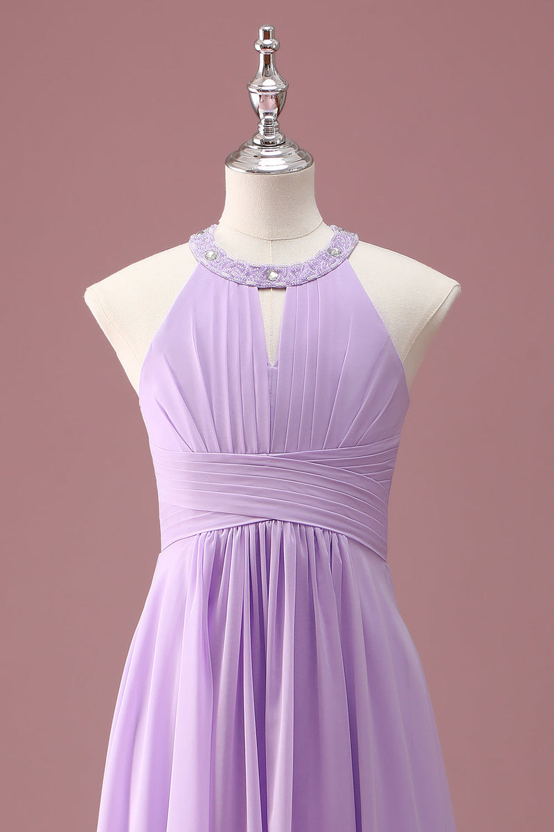 Load image into Gallery viewer, Lilac Beaded Keyhole Halter A Line Long Pleated Junior Bridesmaid Dress