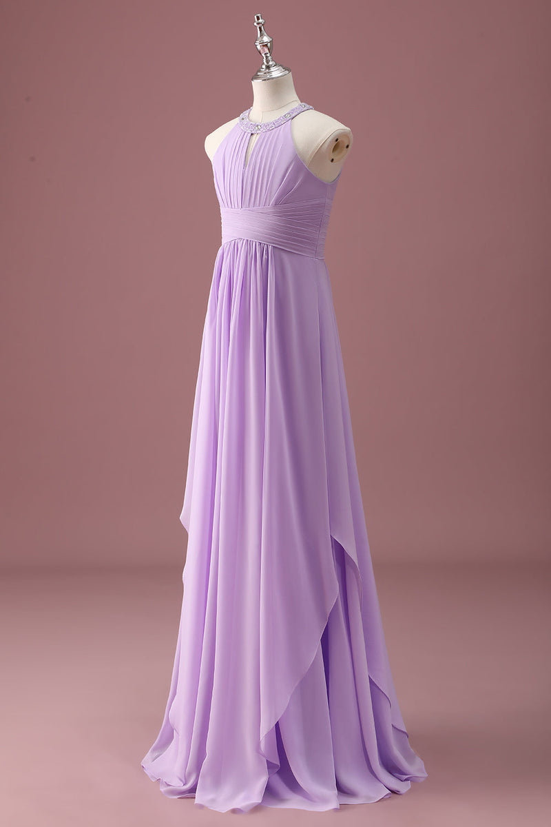 Load image into Gallery viewer, Lilac Beaded Keyhole Halter A Line Long Pleated Junior Bridesmaid Dress