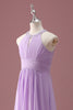 Load image into Gallery viewer, Lilac Beaded Keyhole Halter A Line Long Pleated Junior Bridesmaid Dress