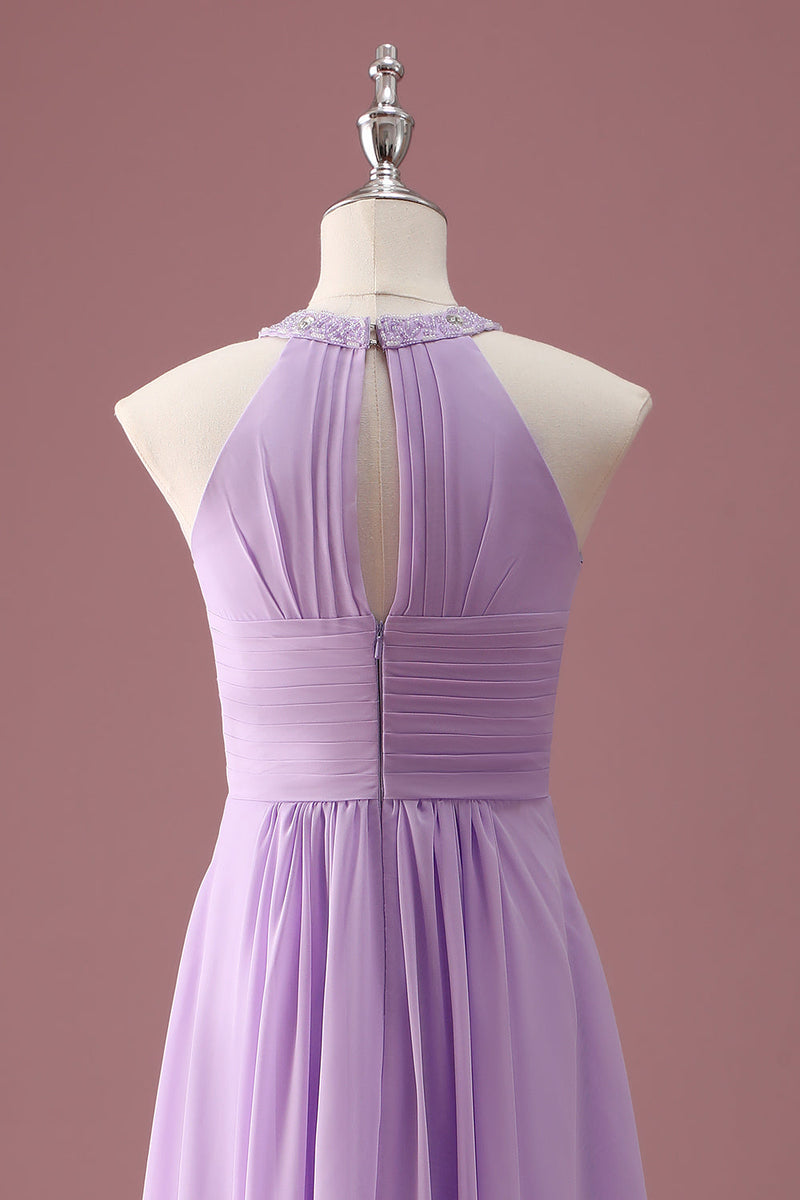 Load image into Gallery viewer, Lilac Beaded Keyhole Halter A Line Long Pleated Junior Bridesmaid Dress