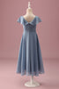 Load image into Gallery viewer, Dusty Blue Chiffon V Neck Wrap Short Junior Bridesmaid Dress with Flutter Sleeves