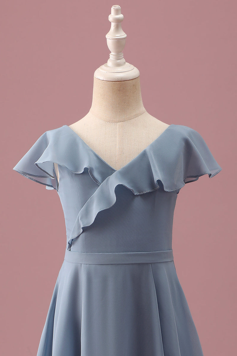 Load image into Gallery viewer, Dusty Blue Chiffon V Neck Wrap Short Junior Bridesmaid Dress with Flutter Sleeves