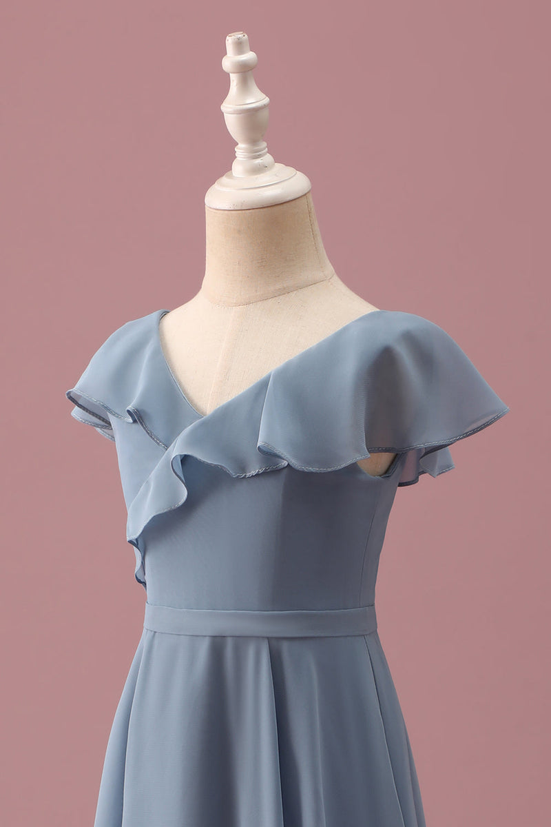 Load image into Gallery viewer, Dusty Blue Chiffon V Neck Wrap Short Junior Bridesmaid Dress with Flutter Sleeves