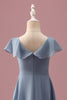 Load image into Gallery viewer, Dusty Blue Chiffon V Neck Wrap Short Junior Bridesmaid Dress with Flutter Sleeves