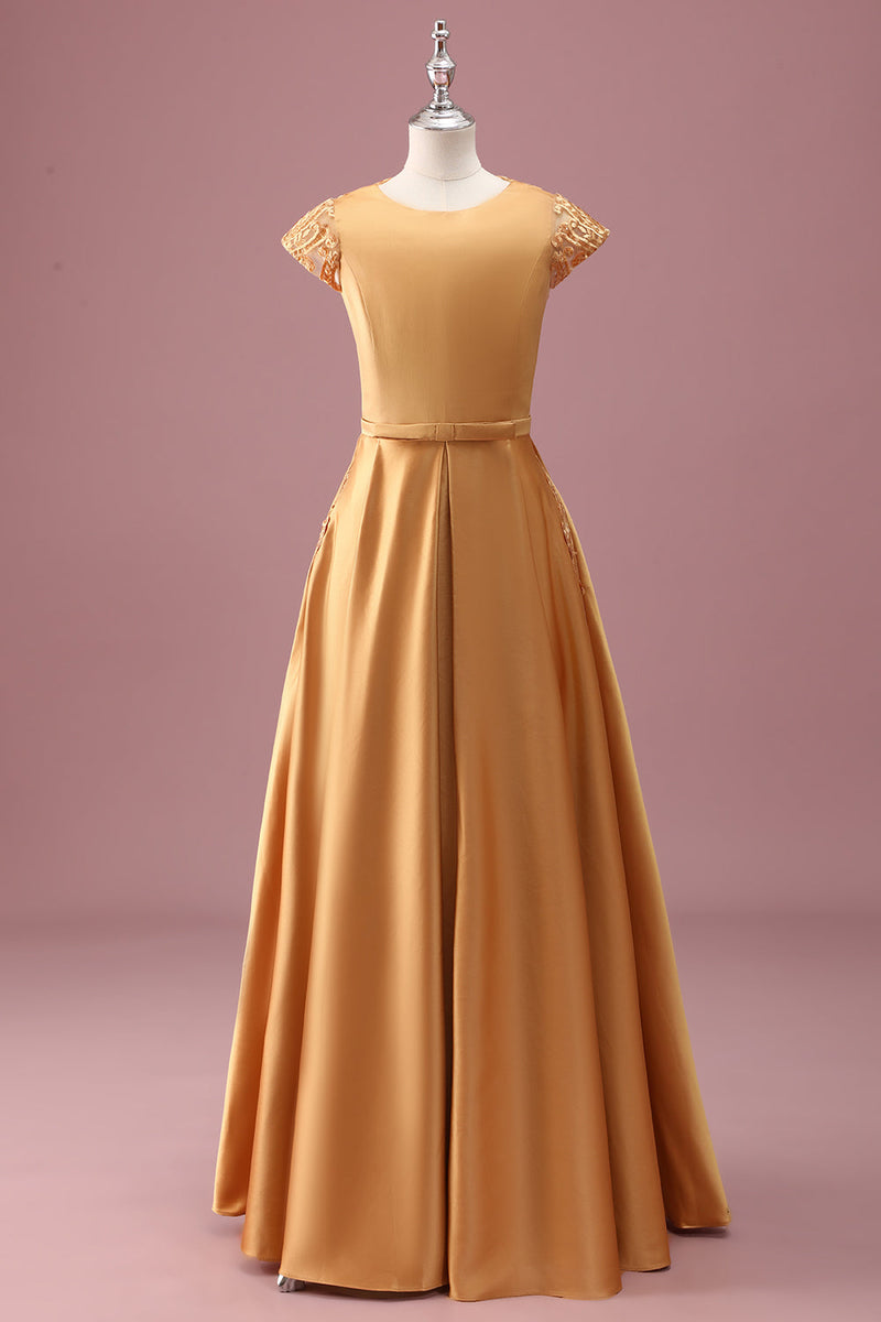 Load image into Gallery viewer, Golden Round Neck Chiffon A Line Short Sleeves Junior Bridesmaid Dress