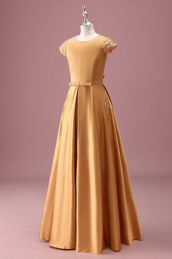 Golden Round Neck Chiffon A Line Short Sleeves Junior Bridesmaid Dress