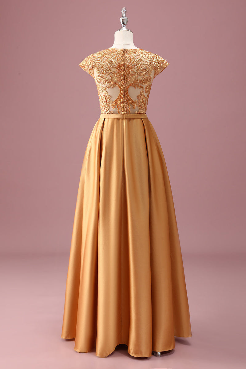 Load image into Gallery viewer, Golden Round Neck Chiffon A Line Short Sleeves Junior Bridesmaid Dress