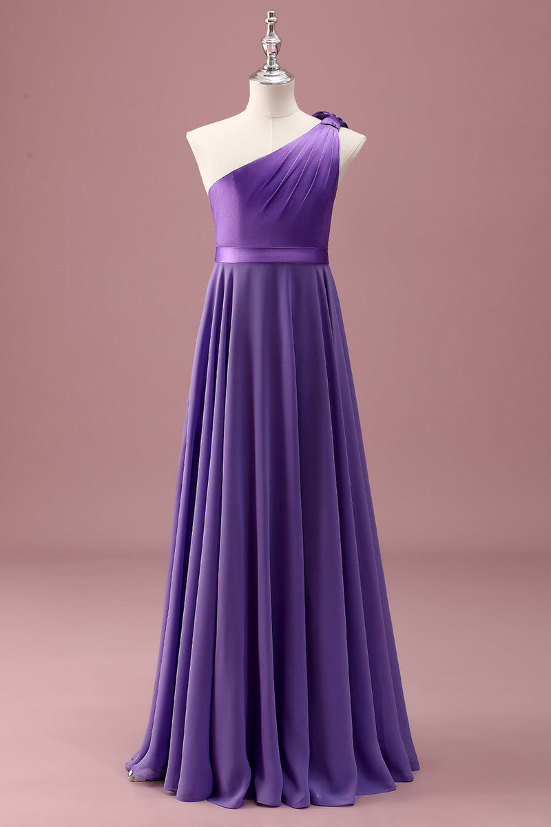 Load image into Gallery viewer, Purple One Shoulder A Line Pleated Chiffon Junior Bridesmaid Dress