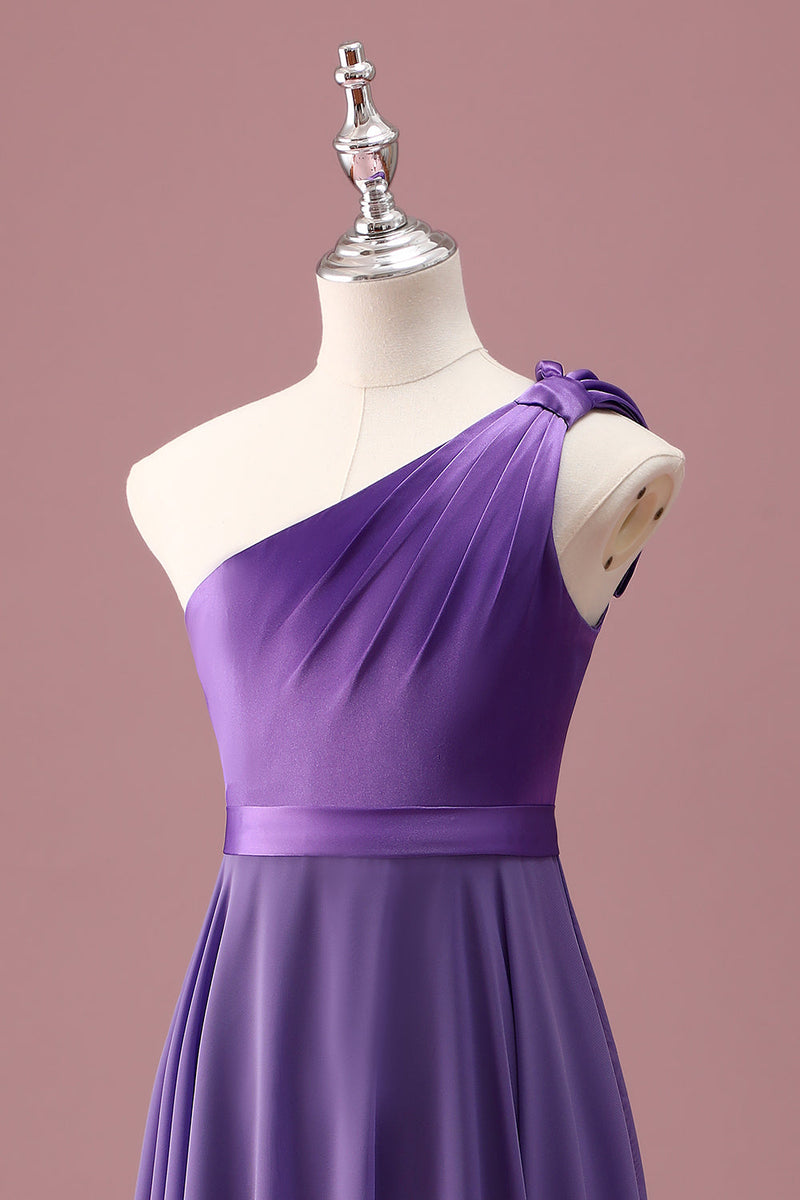 Load image into Gallery viewer, Purple One Shoulder A Line Pleated Chiffon Junior Bridesmaid Dress