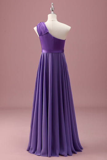 Purple One Shoulder A Line Pleated Chiffon Junior Bridesmaid Dress