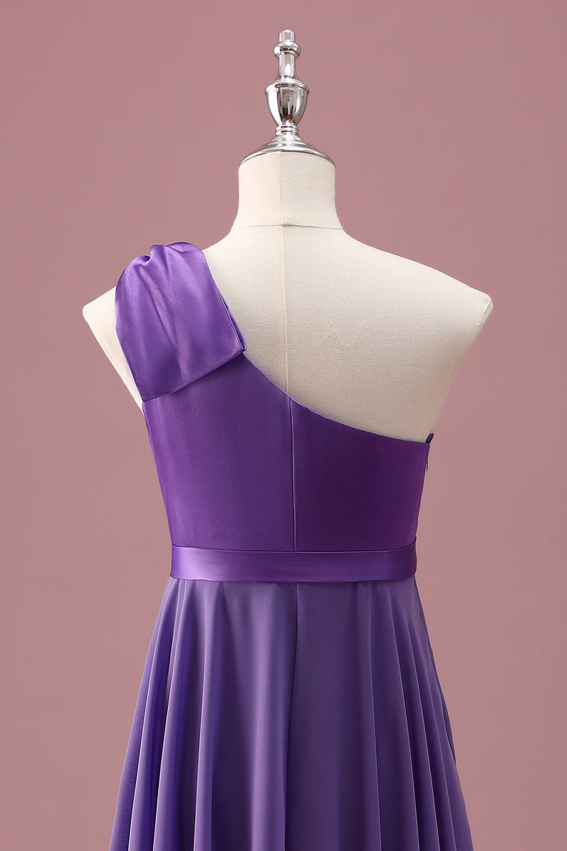 Load image into Gallery viewer, Purple One Shoulder A Line Pleated Chiffon Junior Bridesmaid Dress