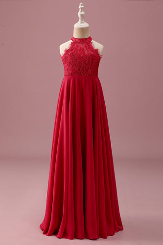 Lace Halter Red A Line Chiffon Ruched Junior Bridesmaid Dress